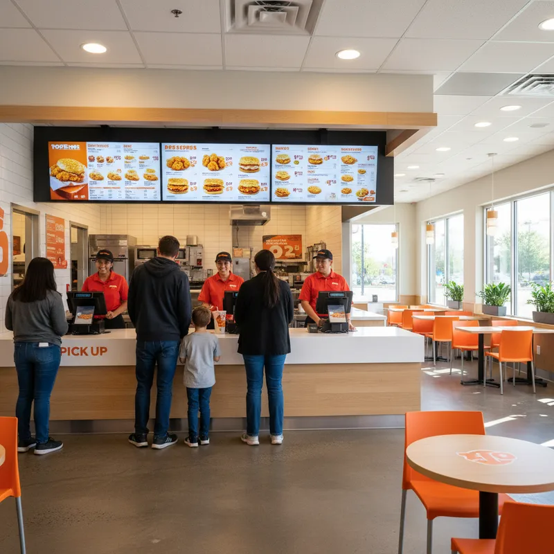 The bright and clean customer service counter and interior dining area of the Popeyes fast-food restaurant in Hamilton, known for its Louisiana-style fried chicken.