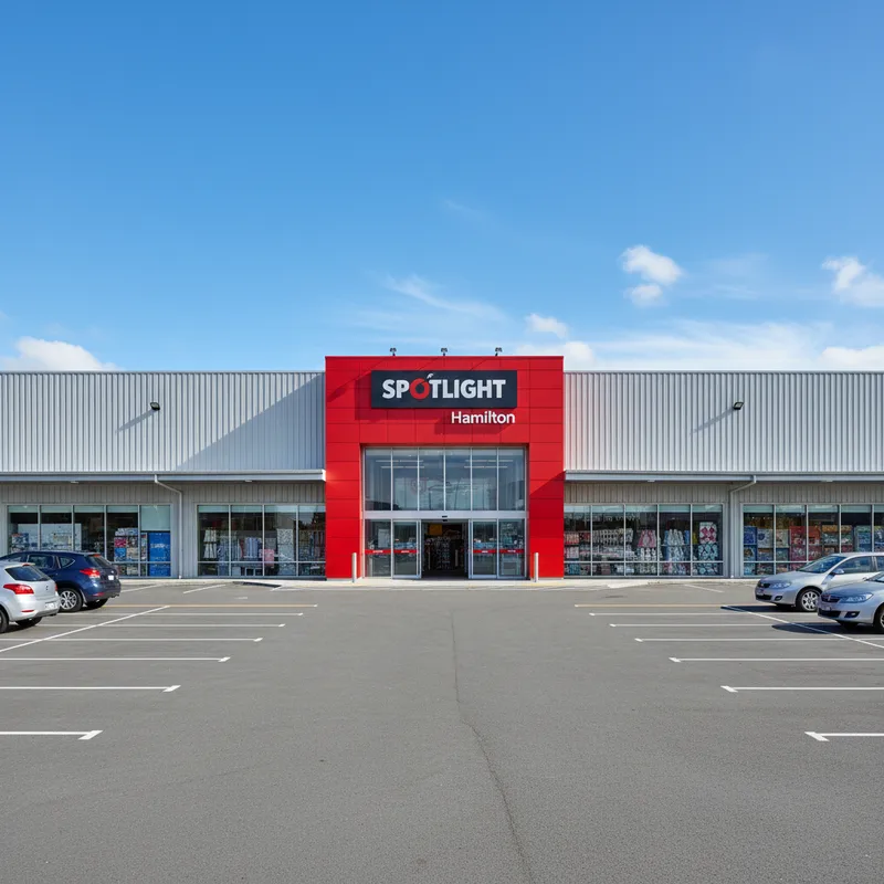 The large storefront of the Spotlight Hamilton store in Berescourt, showing the main entrance and red signage under a clear sky.