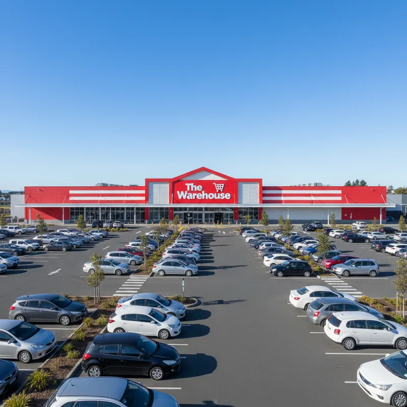 The expansive red and white storefront of The Warehouse department store on Ward Street in Hamilton Central, with customer cars parked in the foreground under a clear sky.
