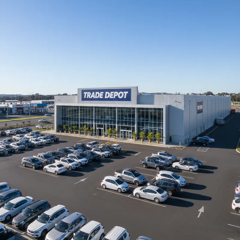 The large, modern storefront of the Trade Depot superstore in Rukuhia, Hamilton, with its prominent signage and a spacious customer car park in the foreground.