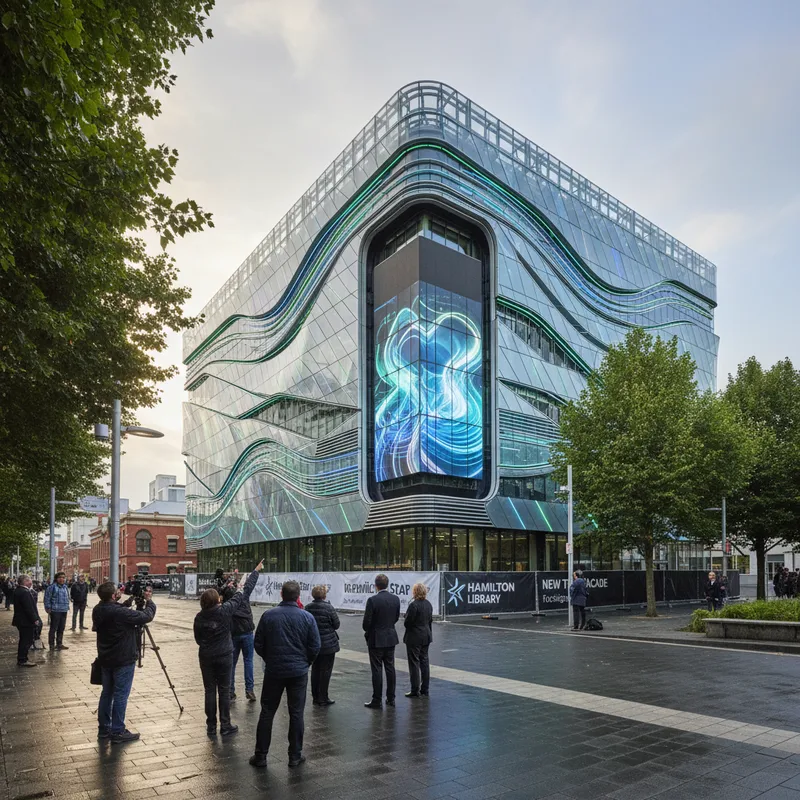 Hamilton Central Library’s modern, high-tech facade designed to be a new cultural landmark.