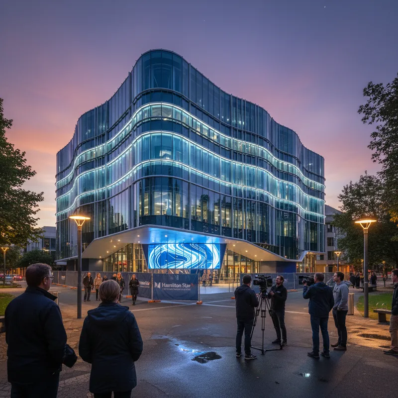 Hamilton Central Library\'s new facade, a high-tech upgrade, transforms the 50-year-old building and the surrounding Garden Place.,caption: