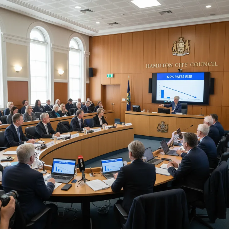 Hamilton City Council members in a meeting room discussing financial reports.