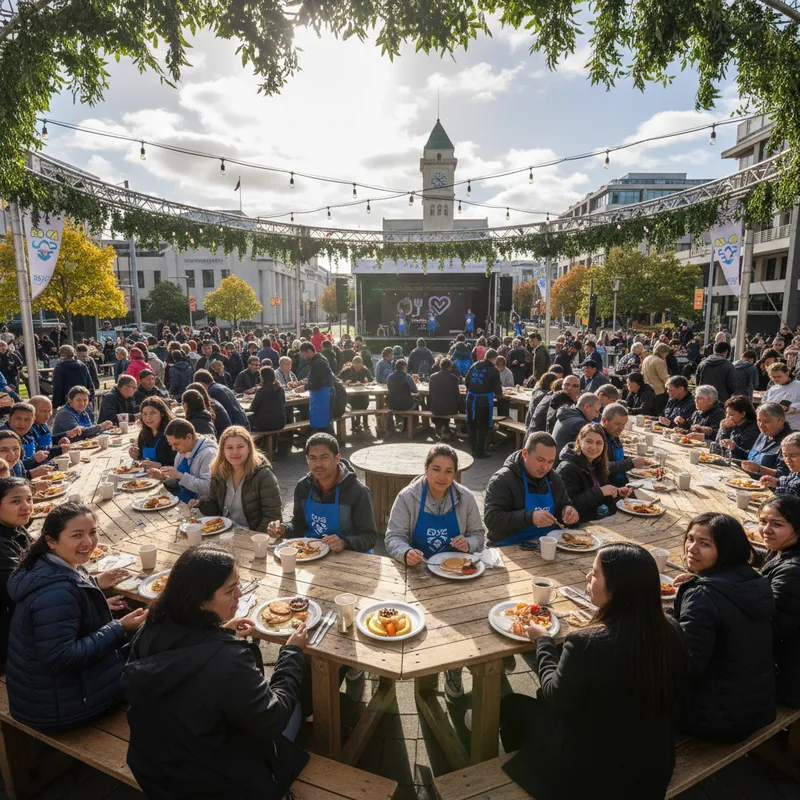 People sharing breakfast at tables outdoors in a town square, representing community and charity.