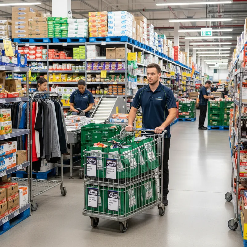 A Hamilton worker pushing a trolley of online grocery orders in a supermarket back-of-house area. — Hamilton Star