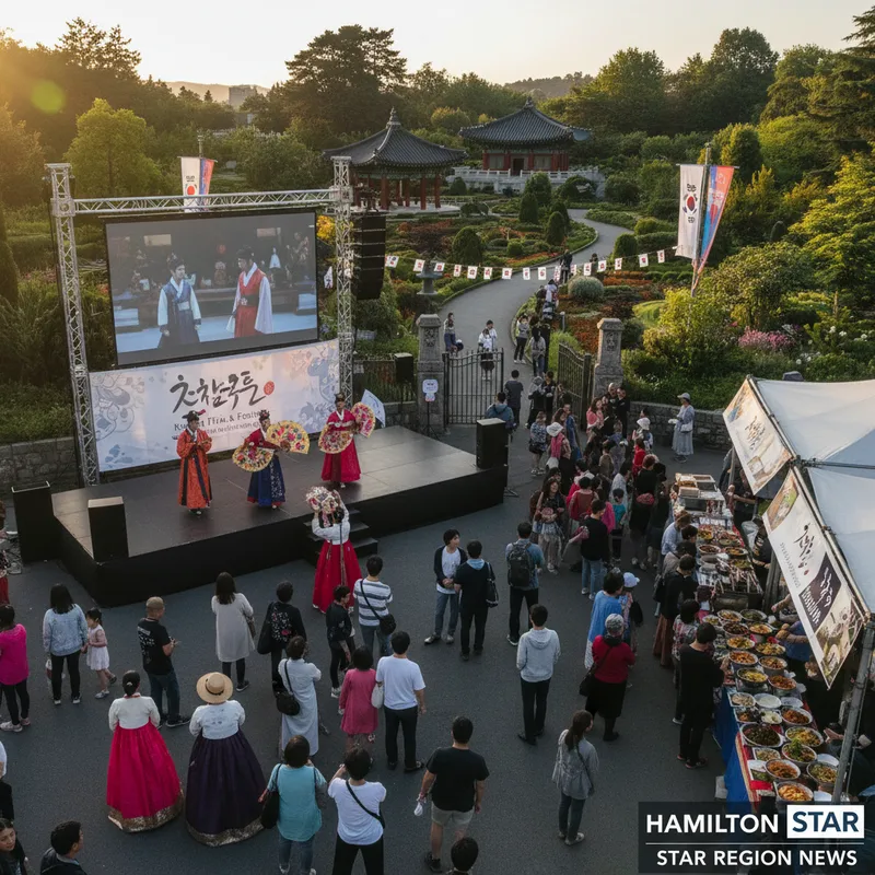 People enjoy Korean food and film festivities under natural lighting at Hamilton Gardens Korean culture festival.