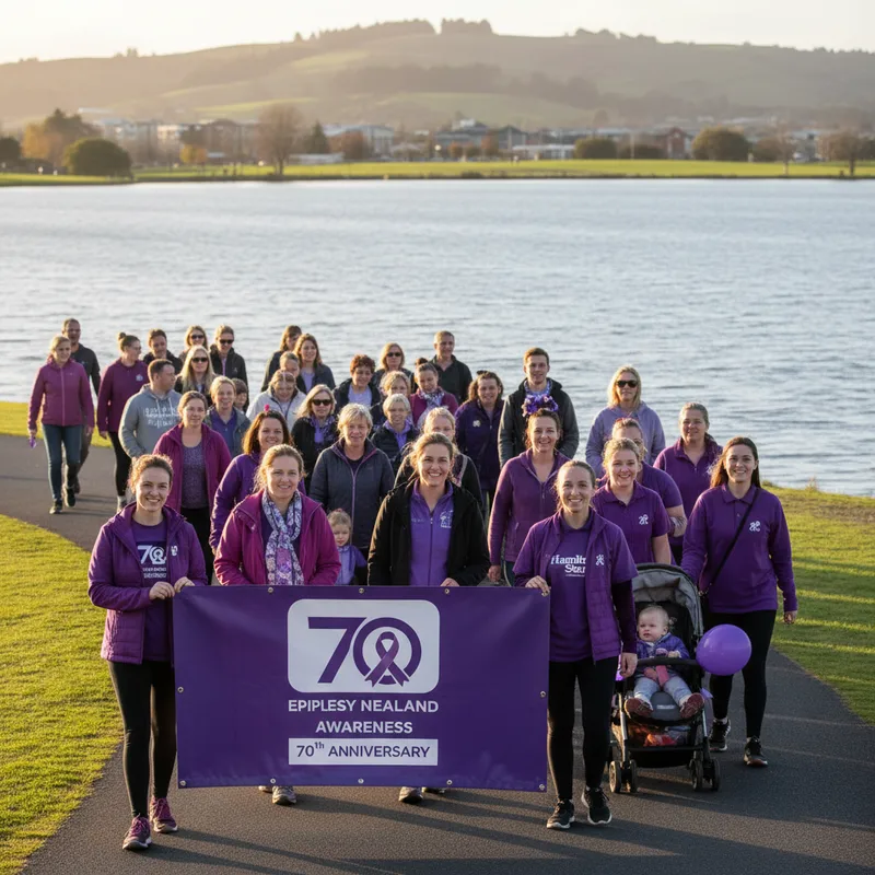 Hamiltonians in purple walk around a lake for epilepsy awareness and Epilepsy New Zealand's 70th anniversary.