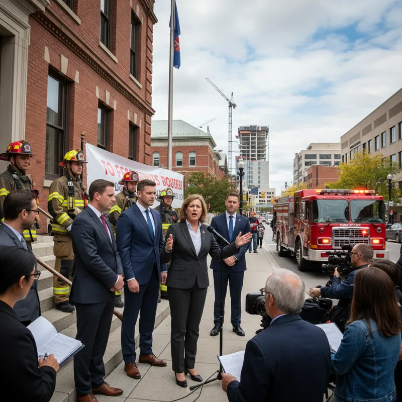 Hamilton city hall with officials discussing the need for more firefighters due to rapid urban growth.