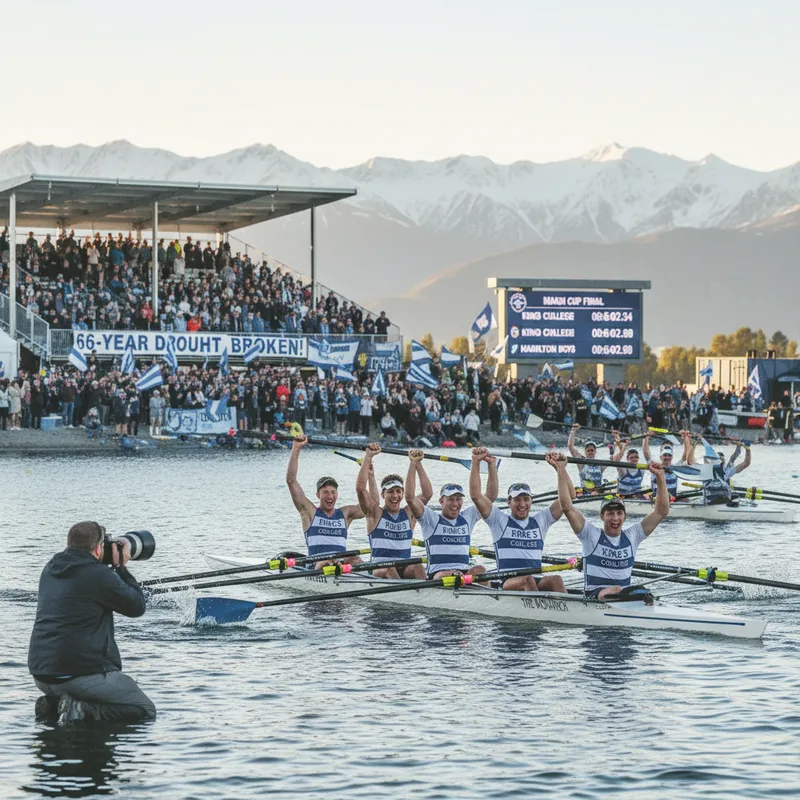 Young rowers in a thrilling race as a King's College boat crosses the finish line to win the Maadi Cup.