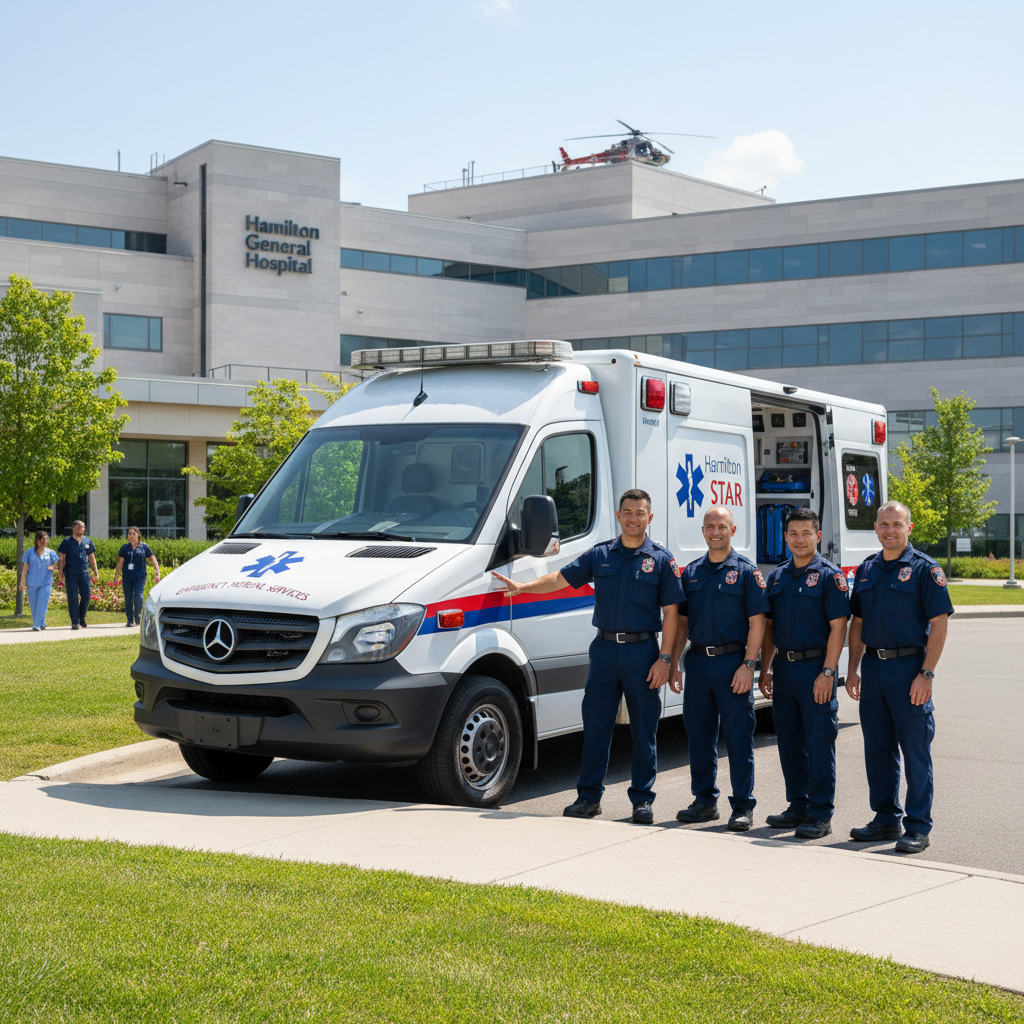 A modern ambulance vehicle parked outside a healthcare facility, ready for service.