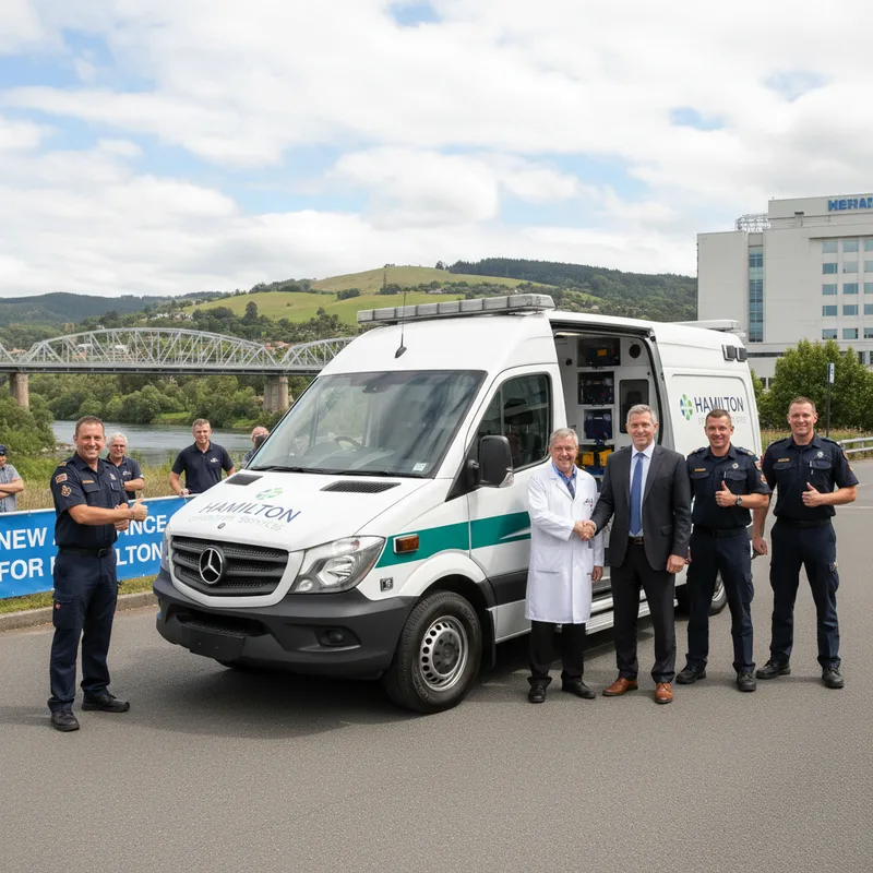 A modern ambulance, resembling a hospital on wheels, is parked outside a medical facility, ready for service.