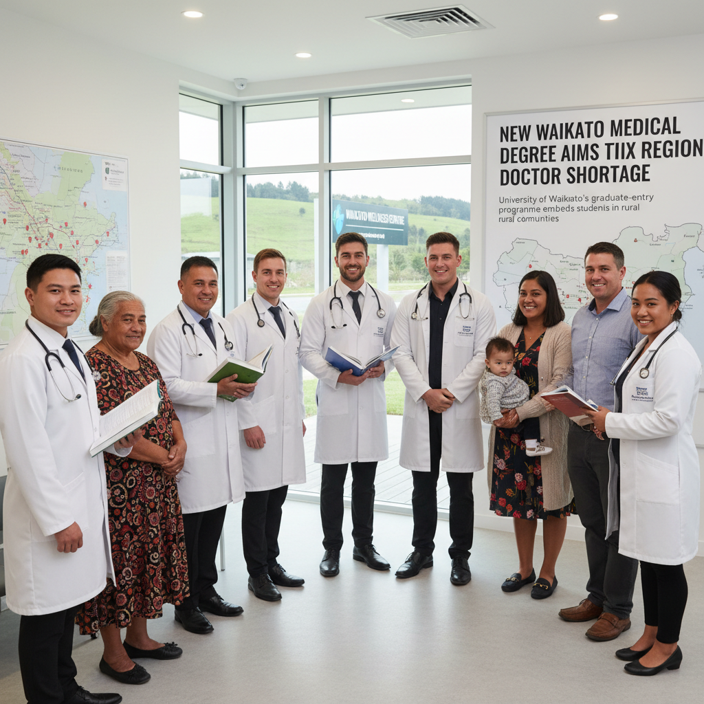 Medical students in a clinic setting, participating in the University of Waikato's new medical degree program.