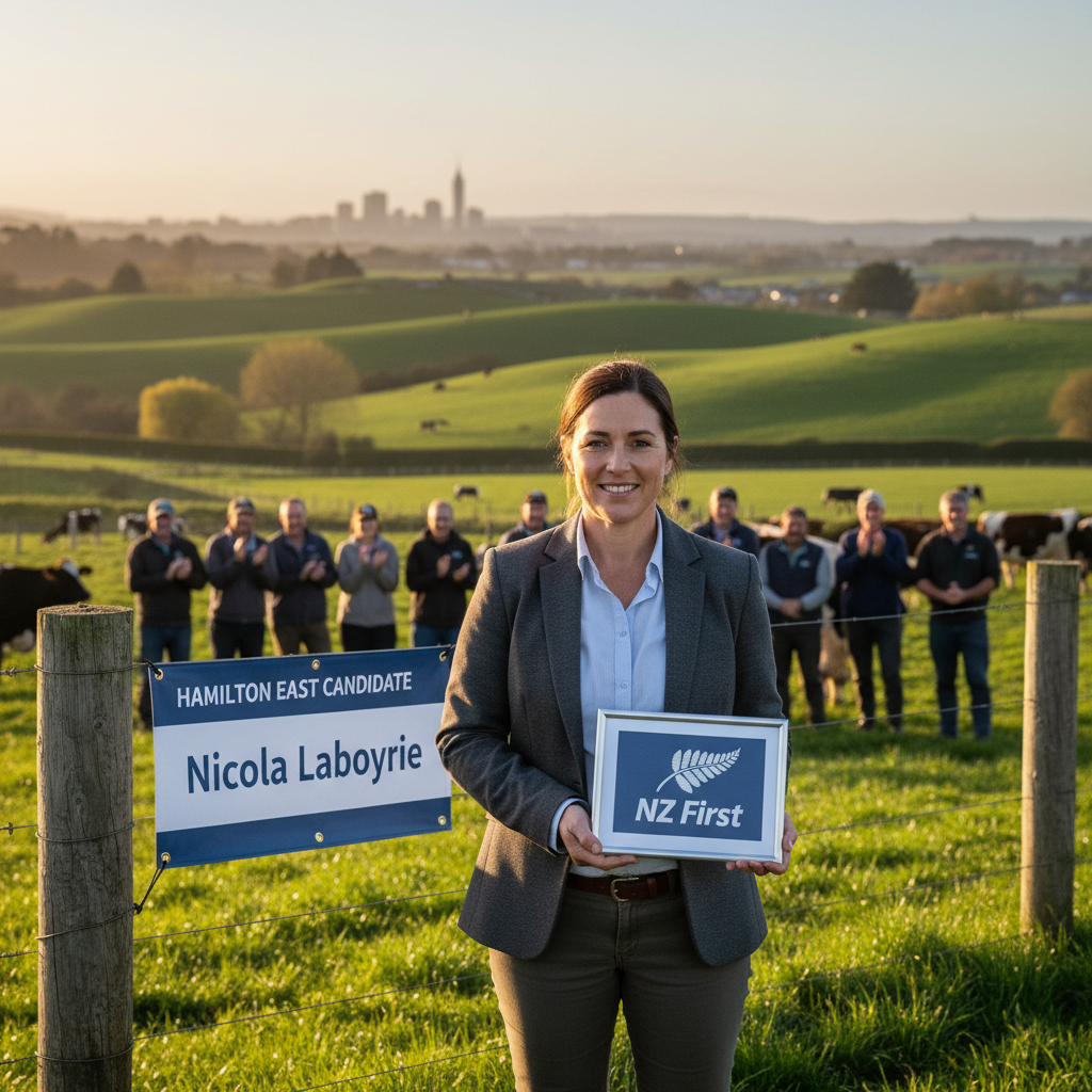 Nicola Laboyrie, a Waikato farmer and candidate, standing outdoors in a realistic setting.