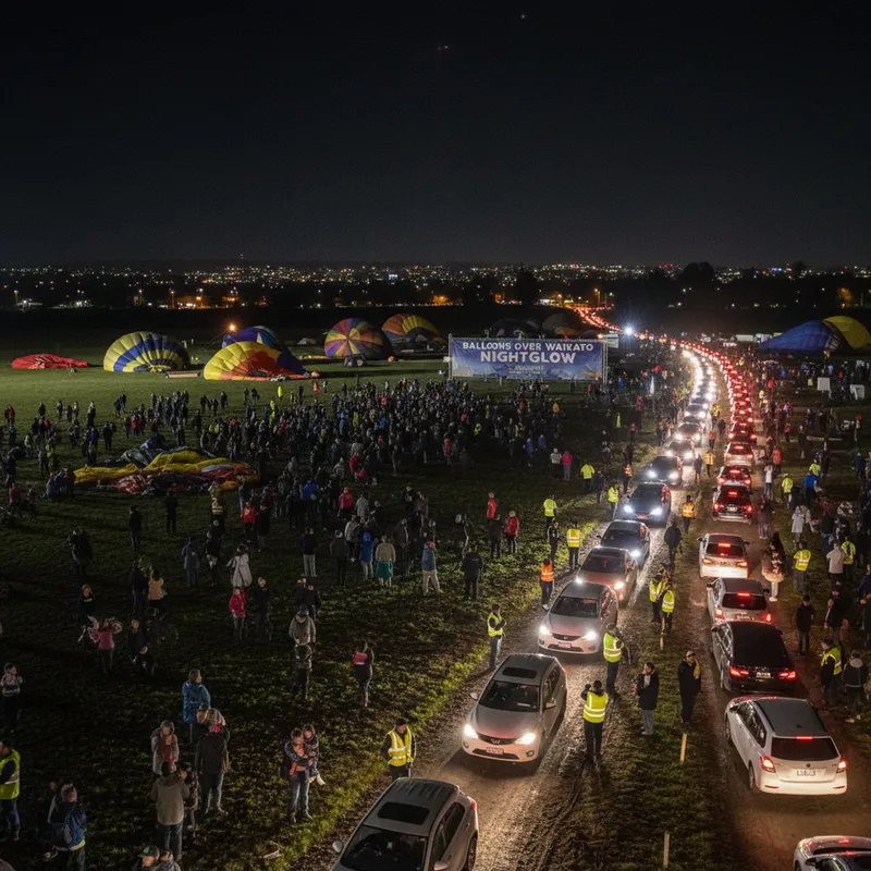 A nighttime view of the Balloons Over Waikato event with many unlit balloons on the ground and diminished crowds.