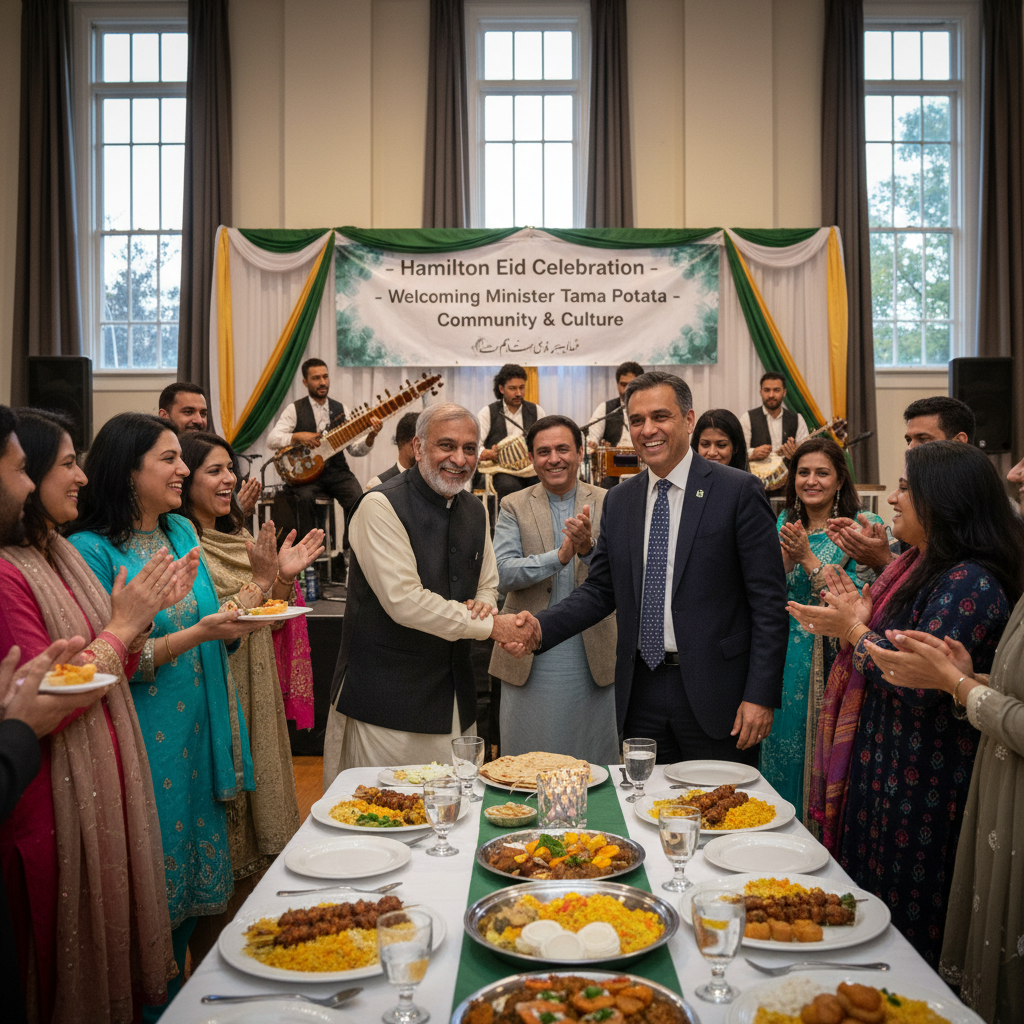 Minister Tama Potaka joins Hamilton's Pakistani community at a vibrant Eid celebration featuring music and food.