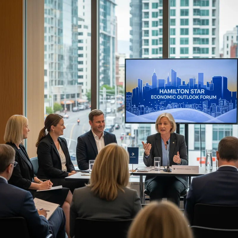 Dr. Anna Breman speaking at a panel discussion with Hamilton business leaders about the economy.