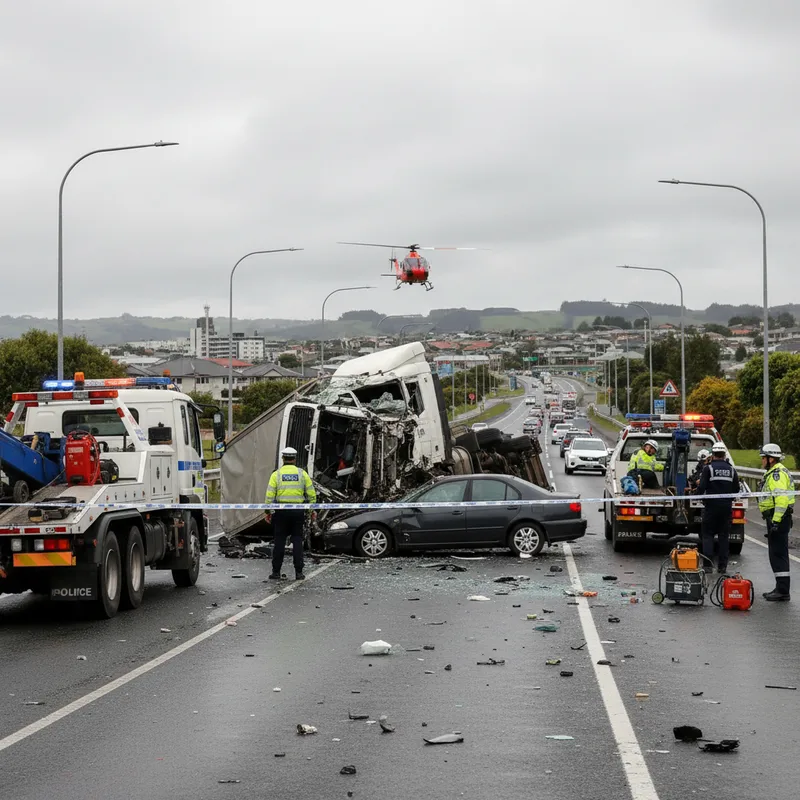 A vehicle collision scene on Wairere Drive involving a car and a truck in natural daylight.