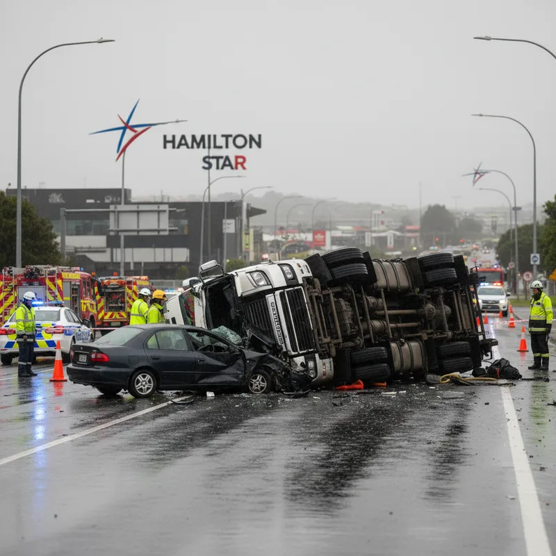 A car and truck collision on Wairere Drive in Hamilton under natural lighting.