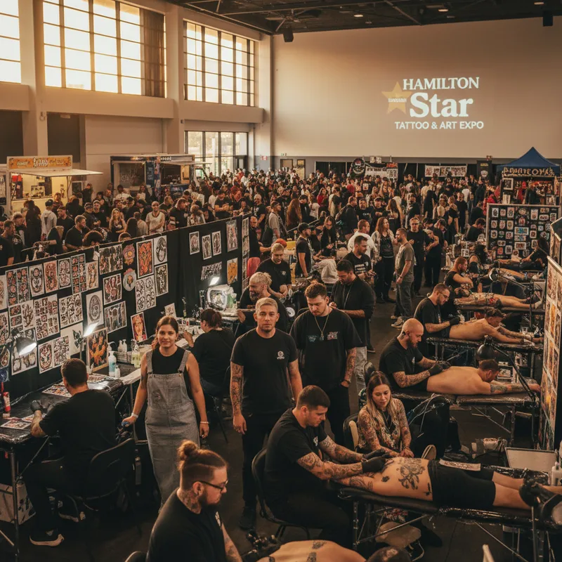 Crowd of people fill a large hall, showcasing tattoos and art at the Hamilton International Tattoo and Art Expo.