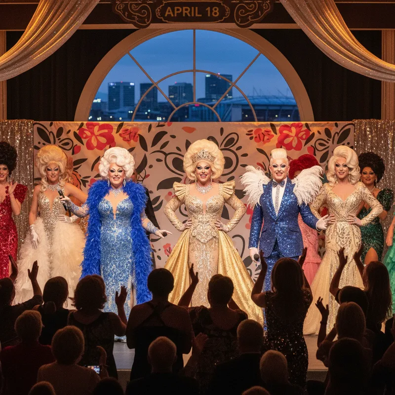 Drag performers in dazzling costumes on stage at the Waikato Queer Arts Festival.