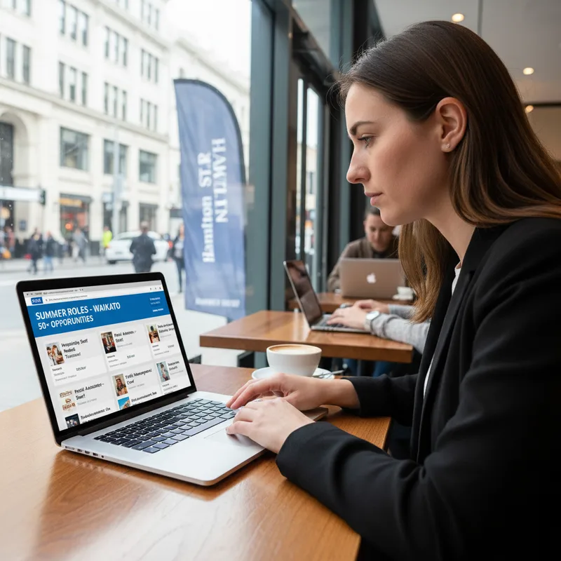 Jobseeker examines SEEK job openings on a laptop at a table in a public place like a library or cafe.