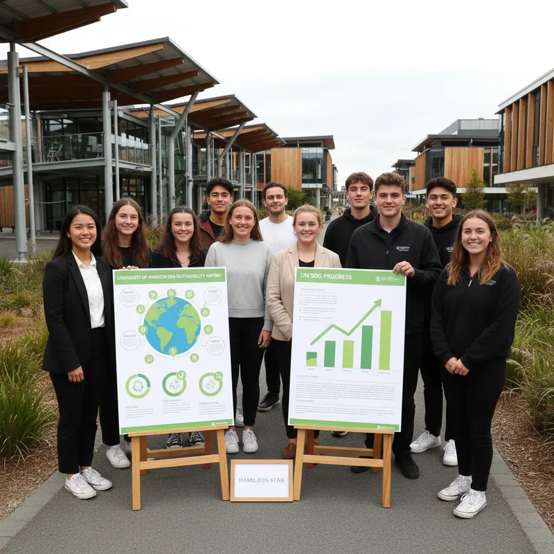 University of Waikato campus showcasing sustainability initiatives with signage and research posters on display.