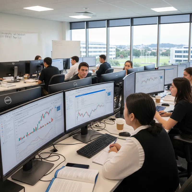 Students working in a university computer lab with finance charts on screens. — Hamilton Star