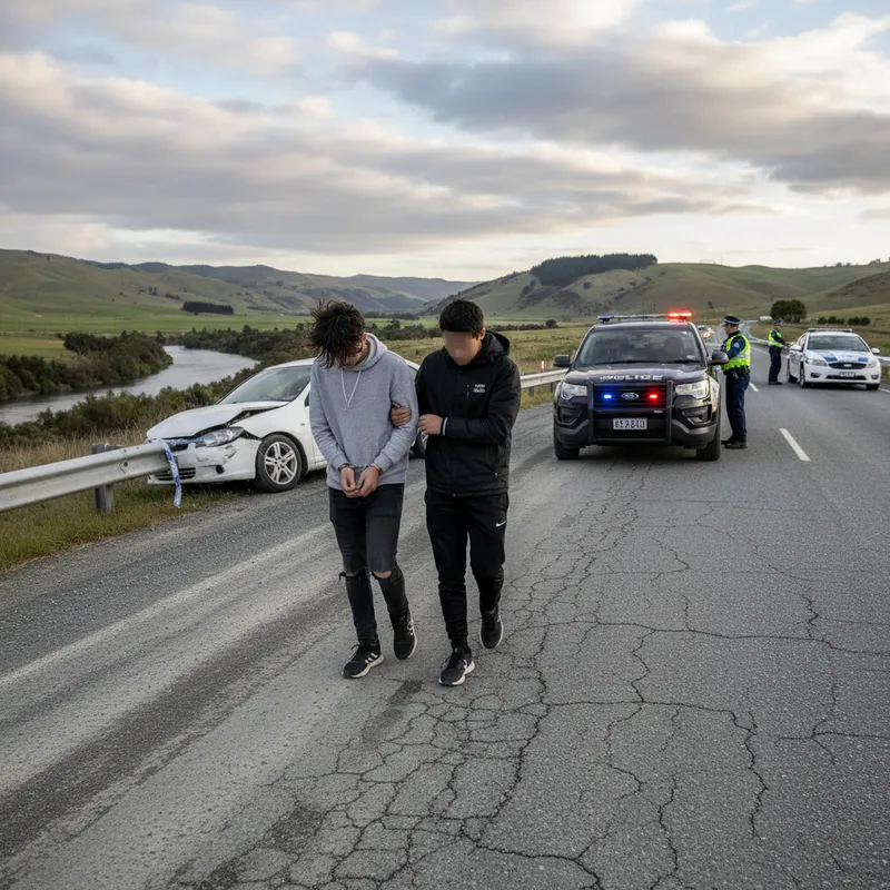 Police cars blocking a highway with flashing lights, aftermath of a vehicle pursuit.
